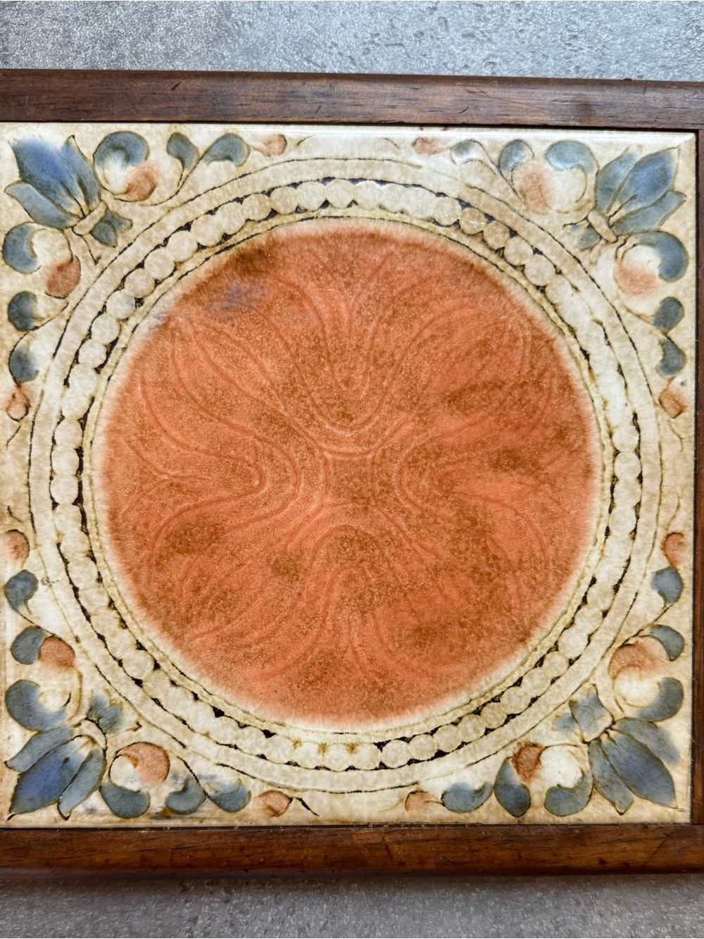 Vintage Wooden Framed Decorative Tile Art  Terracotta Center Blue Floral Accents
